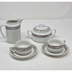 KPM Germany Antique Porcelain Tea Set Creamer Sugar 2 Cups Saucers Rose 1900s